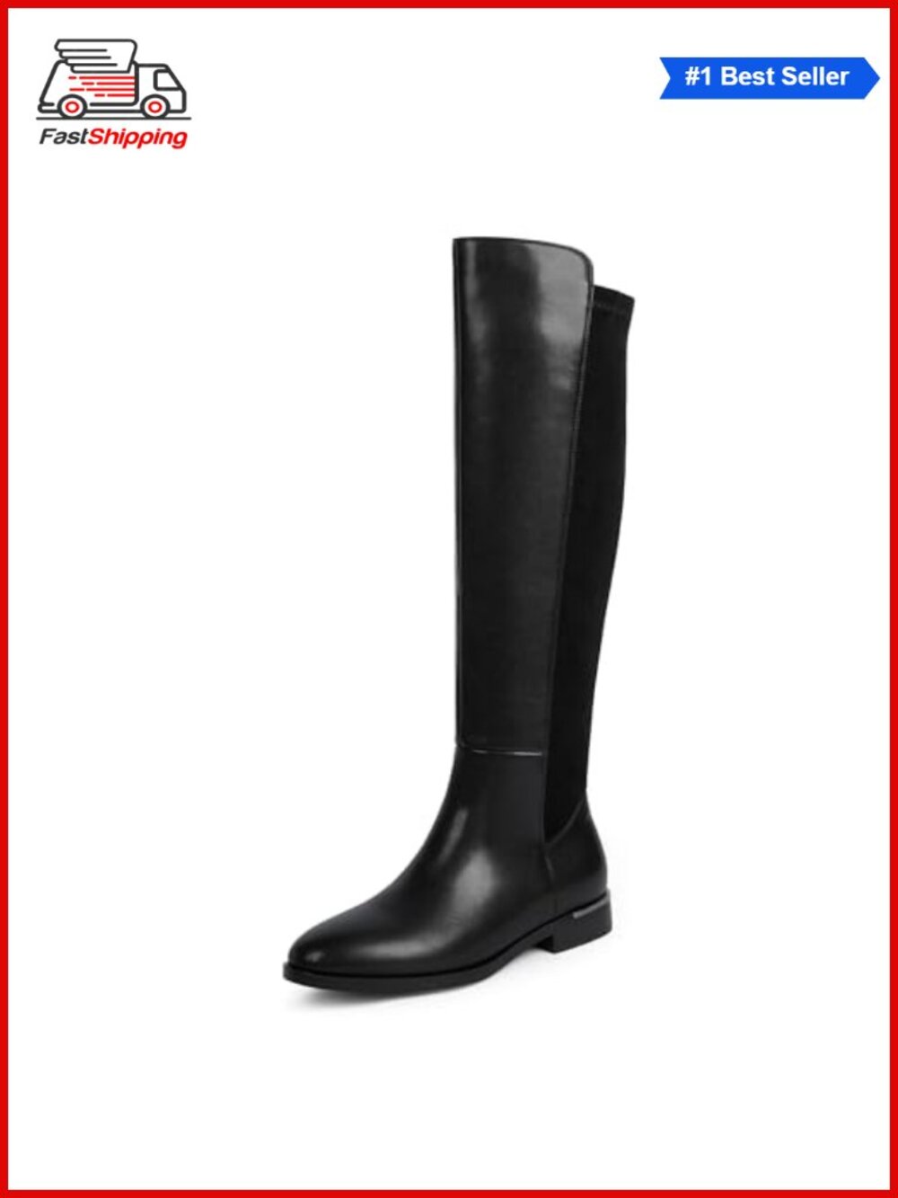 ✨ Modatope Rounded Toe Flat Stretchy Knee High Boots Side Zipper Faux Leather